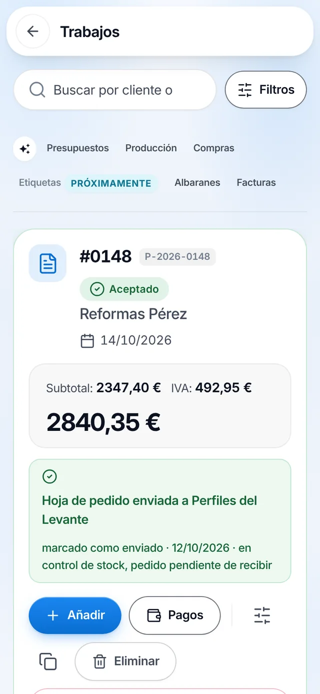Pantalla de trabajos en IndustrIA, en el móvil