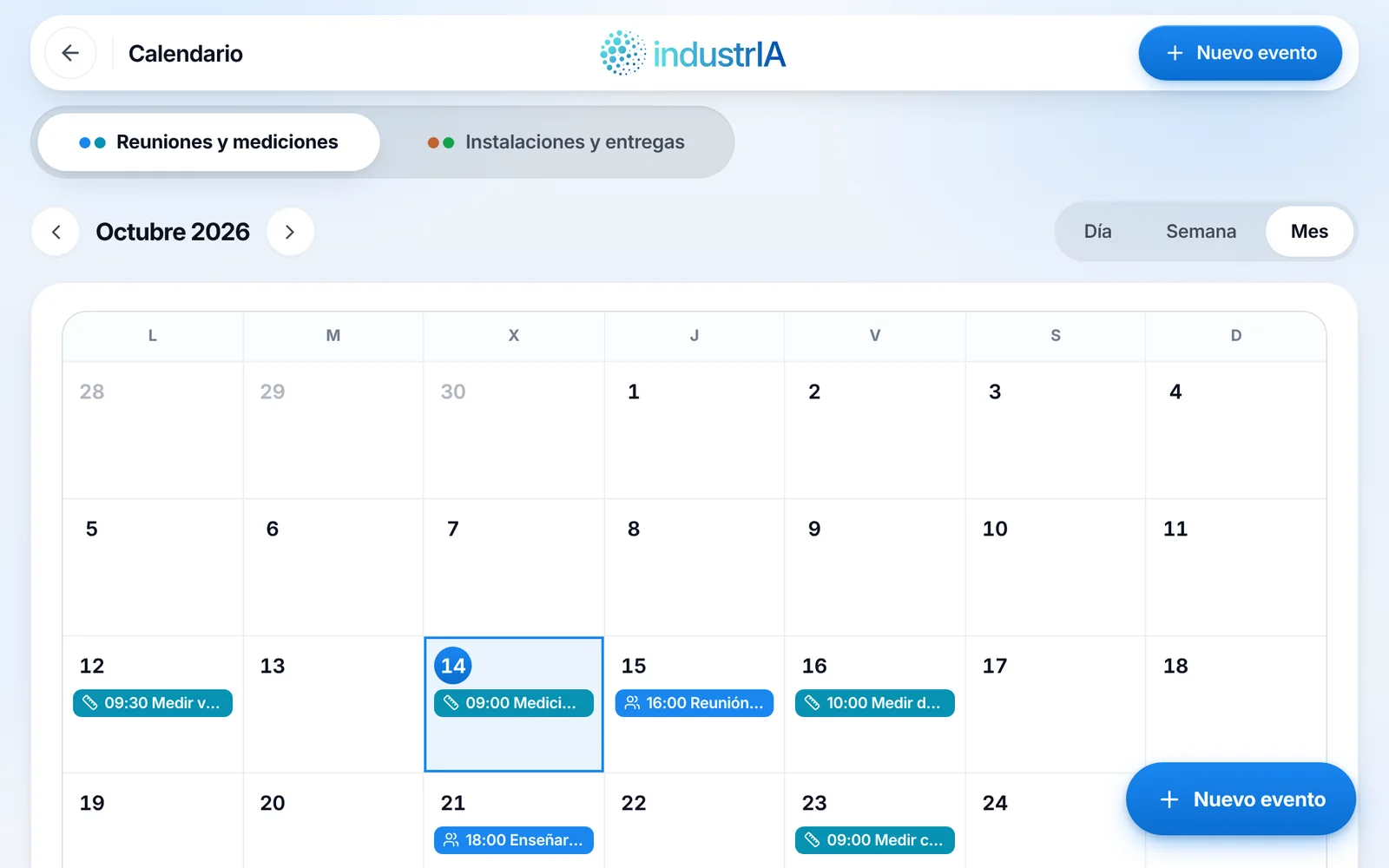 Pantalla de calendario en IndustrIA