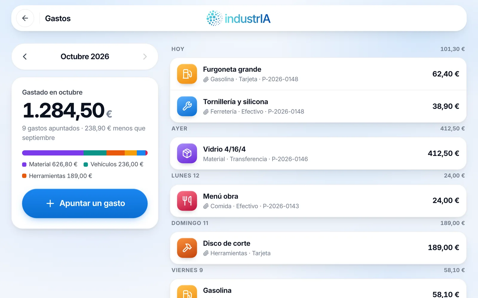 Pantalla de gastos en IndustrIA