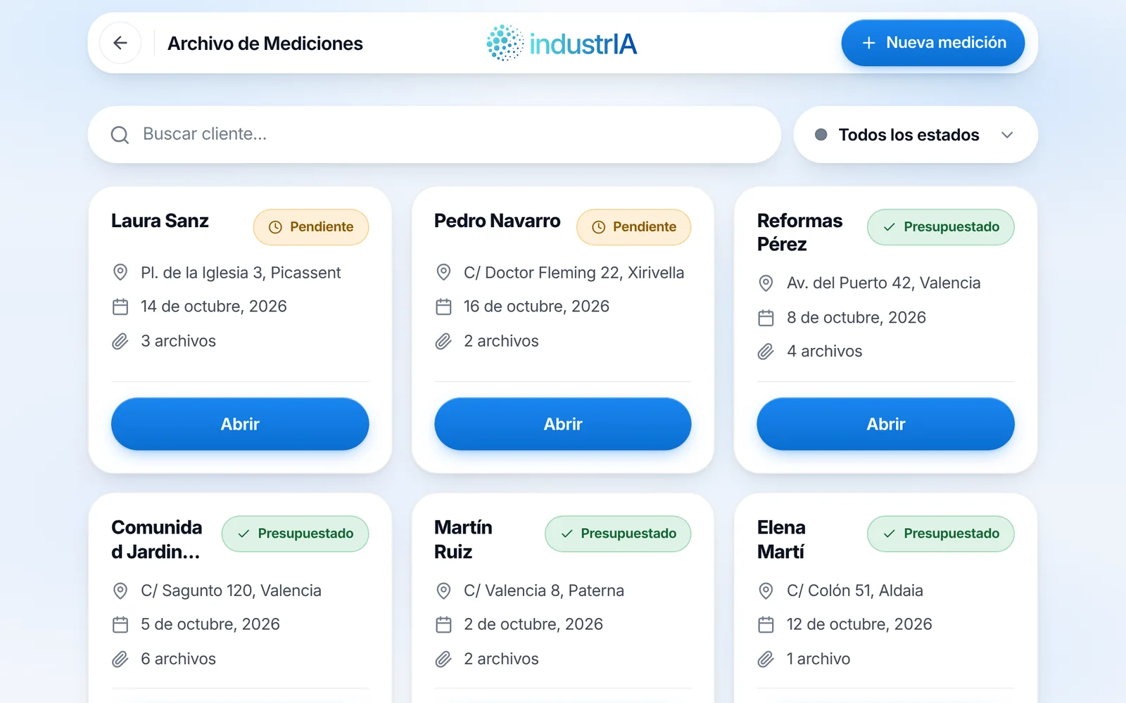 Pantalla de mediciones en IndustrIA