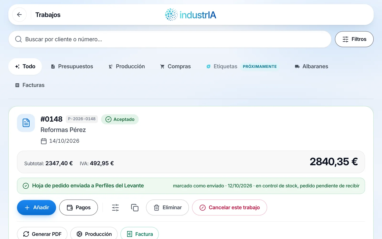 Pantalla de trabajos en IndustrIA