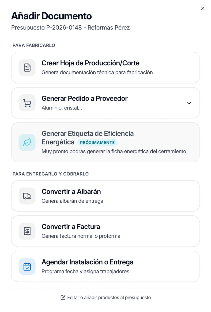 Ventana «Añadir Documento» de un trabajo: hoja de producción, pedido a proveedor, albarán, factura y agendar la instalación
