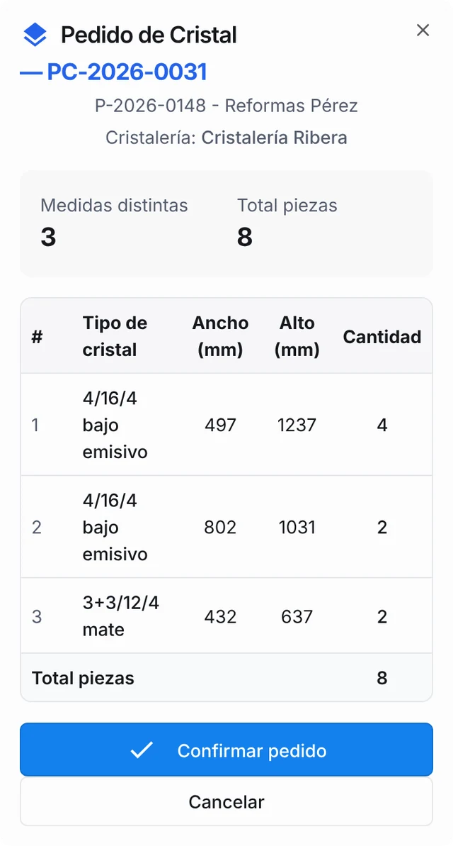 Pedido de cristal calculado del presupuesto: tipo de cristal, ancho, alto y cantidad de cada medida