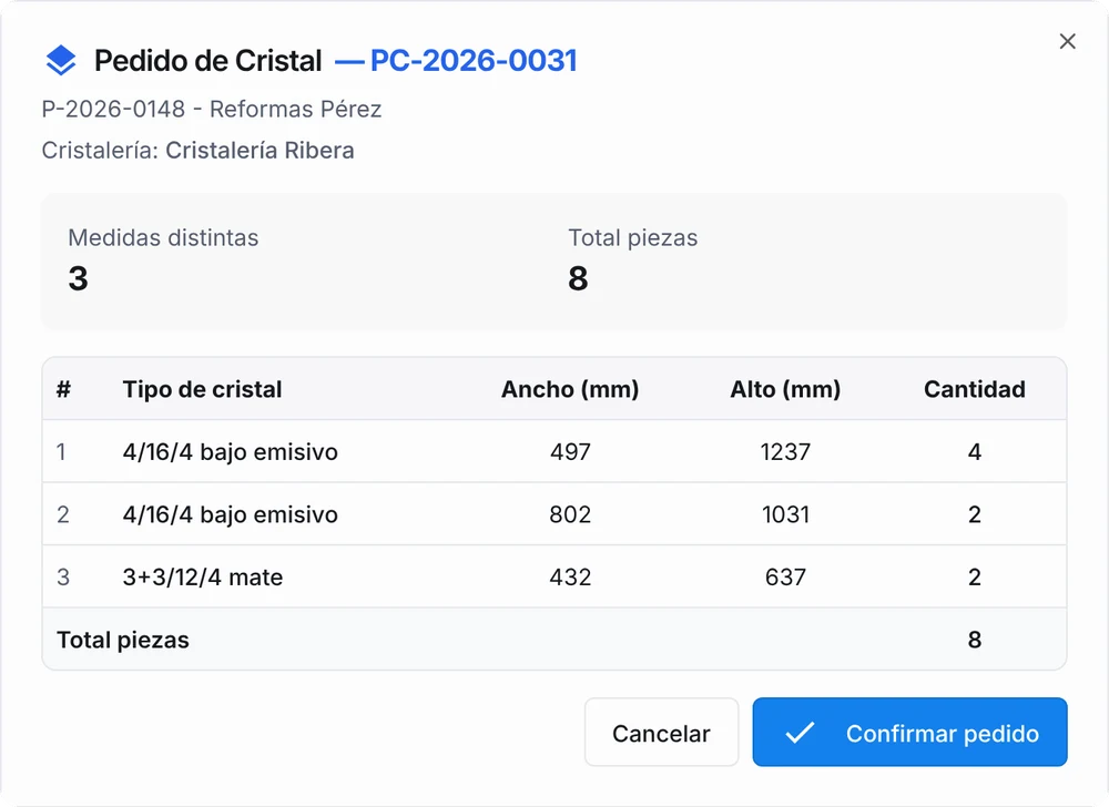 Pedido de cristal calculado del presupuesto: tipo de cristal, ancho, alto y cantidad de cada medida