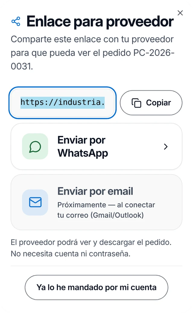 Ventana «Enlace para proveedor» con el botón «Enviar por WhatsApp»