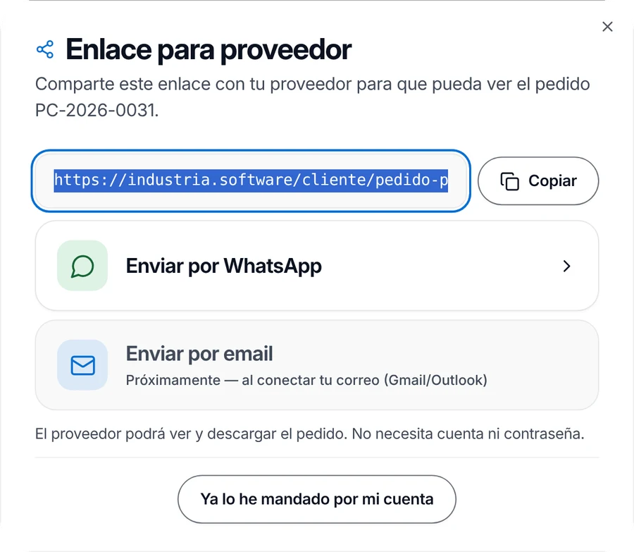 Ventana «Enlace para proveedor» con el botón «Enviar por WhatsApp»
