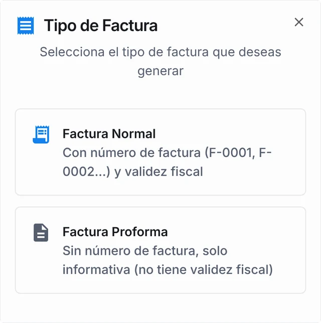 Ventana «Tipo de Factura»: factura normal o proforma
