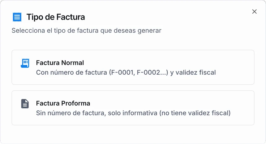 Ventana «Tipo de Factura»: factura normal o proforma