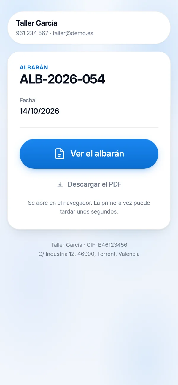El albarán tal como lo ve el cliente al abrir el enlace