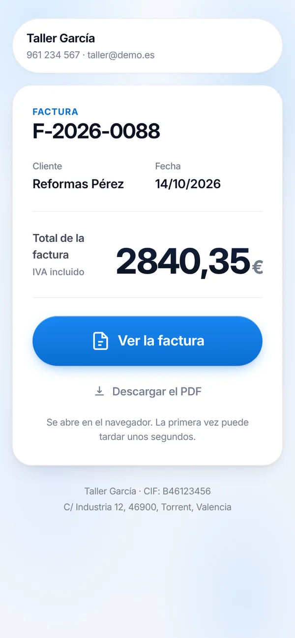 La factura tal como la ve el cliente al abrir el enlace