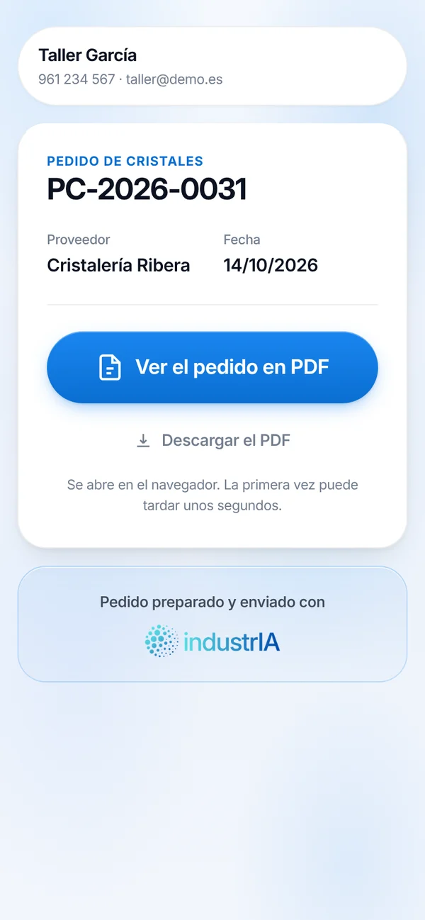 Lo que ve el proveedor al abrir el enlace: el pedido de cristales con el nombre del taller y el botón para verlo en PDF