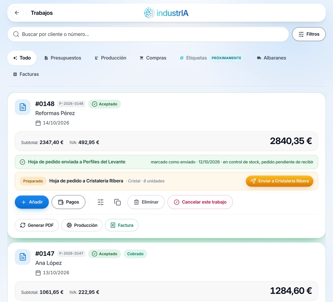 Un trabajo en IndustrIA: aceptado, con su pedido de perfiles enviado y el de cristales preparado para enviar