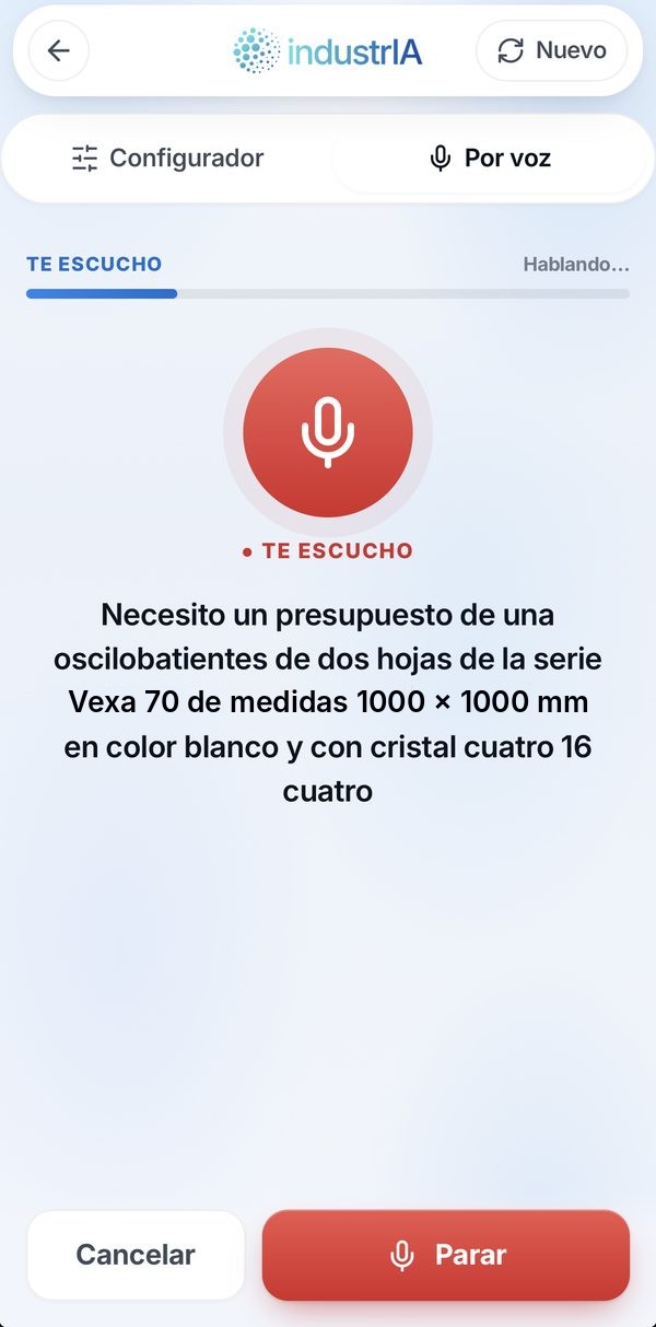 IndustrIA escuchando: «Necesito un presupuesto de una oscilobatiente de dos hojas…»